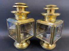 A superb pair of polished brass Maxwell No.20 side lamps with bevelled glass panels and in generally