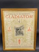 A superb framed and glazed early 20th Century pictorial advertisement for Gladiator cycles and