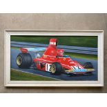 An oil on board of Niki Lauda in a Ferrari, signed K. Youens, 29 x 15".
