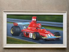 An oil on board of Niki Lauda in a Ferrari, signed K. Youens, 29 x 15".