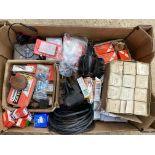 A box of assorted electrical components, fittings and accessories.