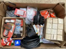 A box of assorted electrical components, fittings and accessories.