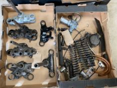 Two boxes of Triumph top and bottom yokes, springs, Amal carb., horn etc.