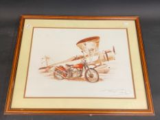 A framed and glazed print of a Harley Davidson beside a bi-plane, 18 1/2 x 15".