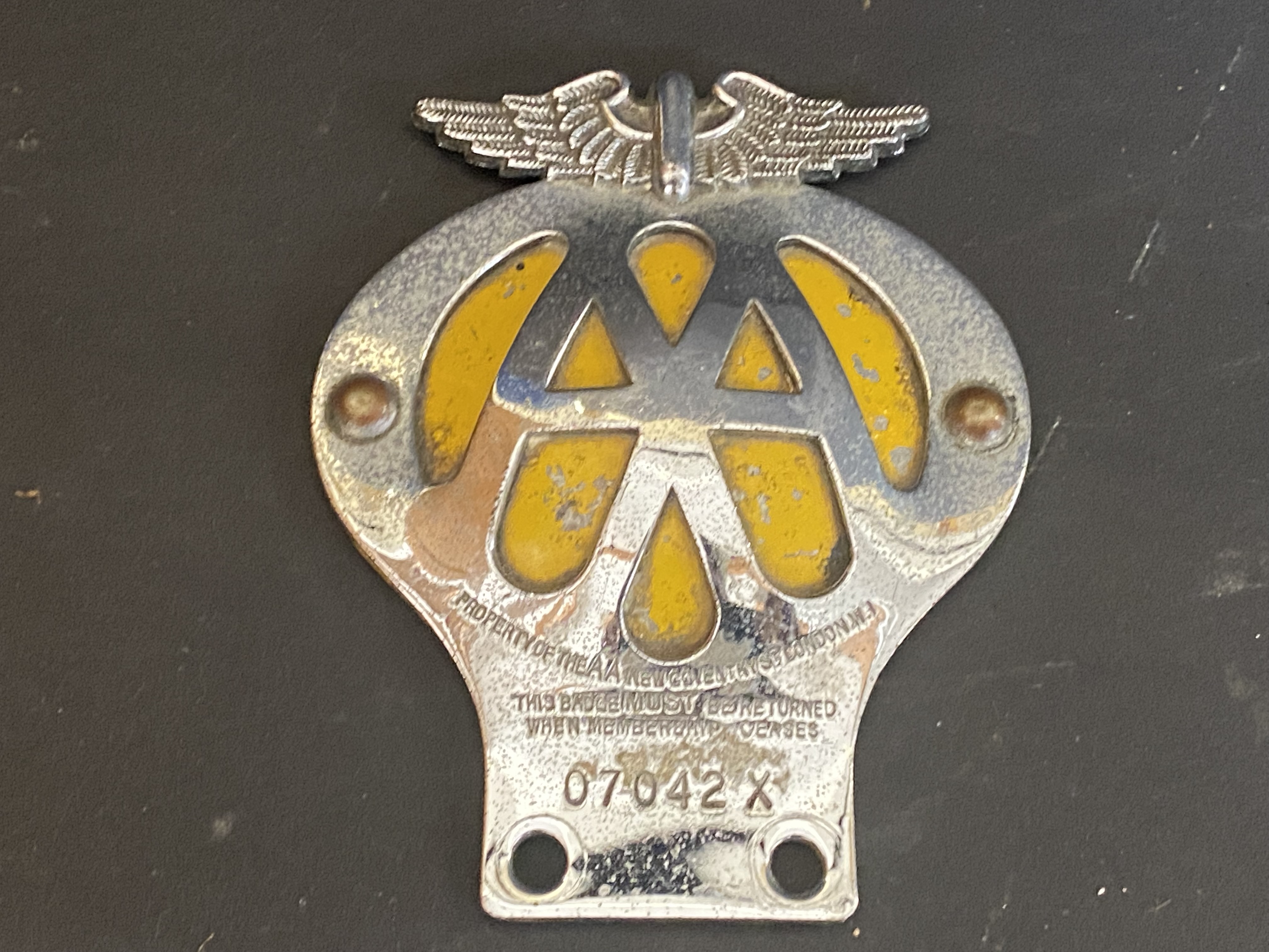 An AA motorcycle badge.