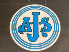 A circular perspex garage showroom hanging sign advertising AJS, 17 3/4" diameter.