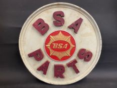 A decorative wooden sign advertising BSA Parts, 24" diameter.