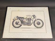 A framed and glazed print of a 1950 Norton 500cc Manx Racer, 22 x 18 1/2".