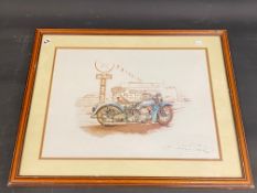 A framed and glazed print of a Harley Davidson at an American garage, 18 1/2 x 15".