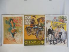 Three advertising posters: Champion spark plugs of fairly modern manufacture, Whitworth Cycles