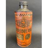 A Vigzol Motor Oil cylindrical quart can.