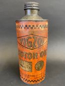 A Vigzol Motor Oil cylindrical quart can.