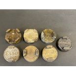 Seven assorted two gallon petrol can caps including Power, A.A.O. Co. Ltd etc.