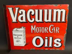 A Vacuum Motor Car Oils part pictorial double sided enamel sign by Protector of Eccles with