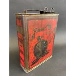An unusual French rectangular oil can with an image to the front of a gentleman leaning on a bulk
