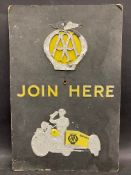 An early AA Join Here pictorial embossed showcard advertising sign, 9 1/2 x 14 1/4".