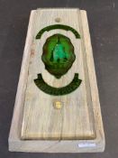 A B.S.A Motor Cycles Ltd bevel edged glass finger/door plate, mounted on timber for display, 3 x