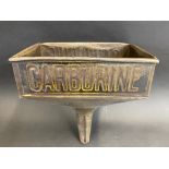 A Carburine rectangular funnel with embossed lettering and traces of original paint.