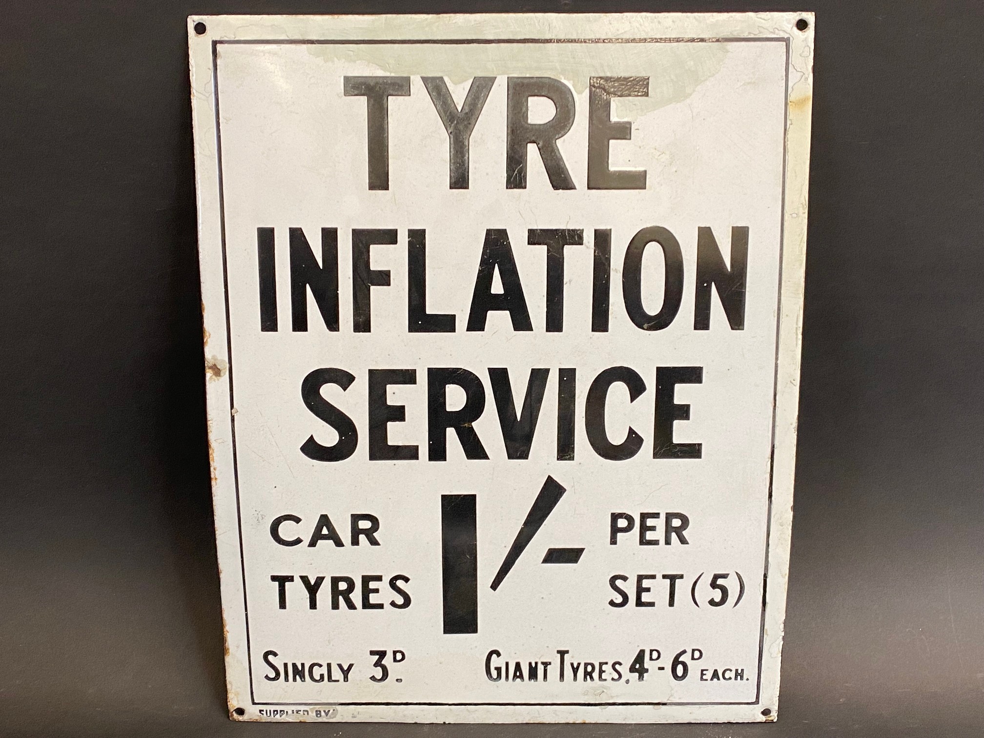 An unusual Tyre Inflation Service enamel sign, with some older restoration, 12 x 15".