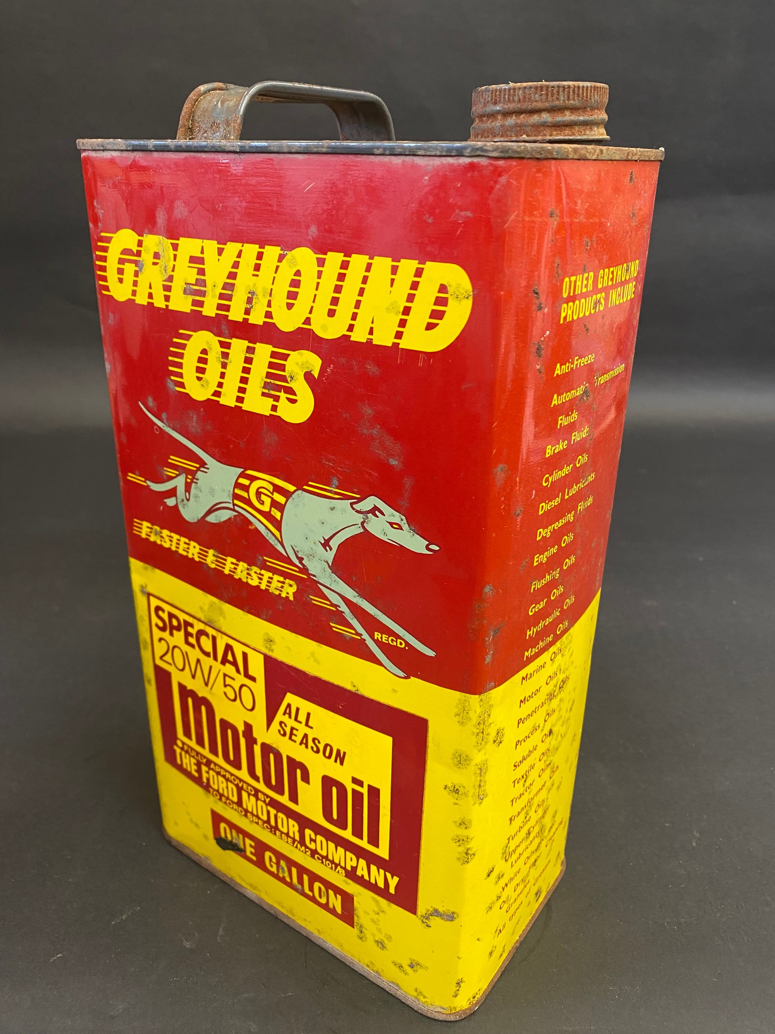 A Greyhound Oils gallon can.