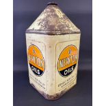 A Newton Oils square five gallon pyramid can, each side with a different depot/retailer address.