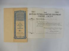 A share certificate for The British Petrol and Motor Equipment Company Limited dated March 1922