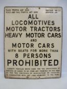 An aluminium road sign relating to the Road Traffic Act of 1930 - All Locomotives. Motor Tractors