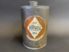 A Notwen oil cylindrical can with bright decal.