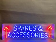 A rectangular garage showroom flashing neon lightbox for 'Spares & Accessories', 39 1/2" wide x