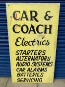 A large rectangular painted sign on board promoting 'Car & Coach Electrics...', 32 x 55 1/2".