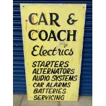 A large rectangular painted sign on board promoting 'Car & Coach Electrics...', 32 x 55 1/2".