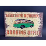 An Associated Motorways Booking Office rectangular double sided pictorial tin advertising sign