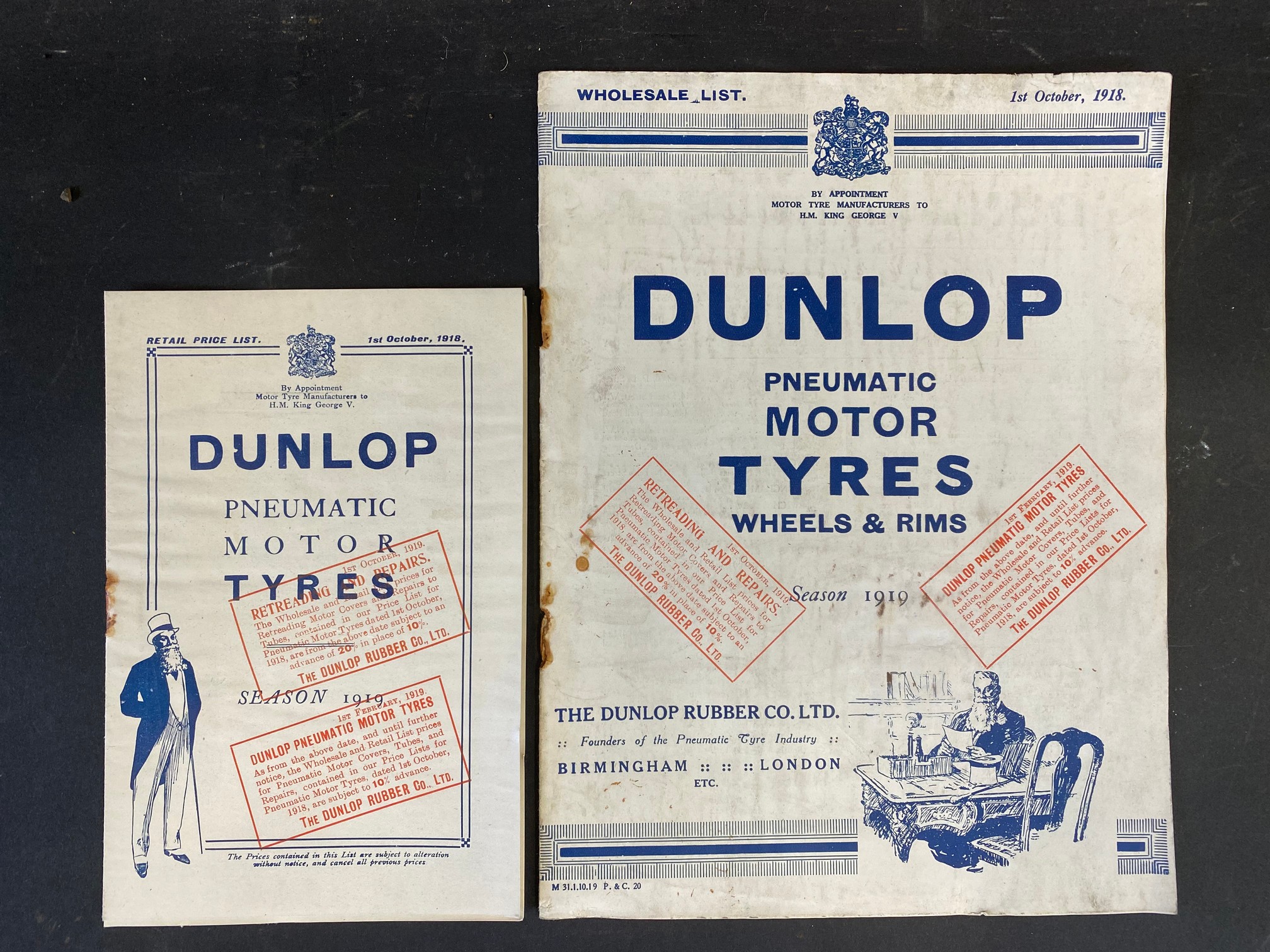 A Dunlop Pneumatic Motor Tyres wheels & rims Wholesale list from Season 1919 plus a matching