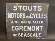 An unusual enamel sign advertising Stout's Motors and Cycles, Egremont and Seascale, by Richmonds