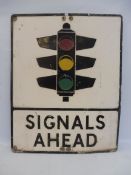 A large aluminium road sign for Signals Ahead with image of traffic lights, each with respective