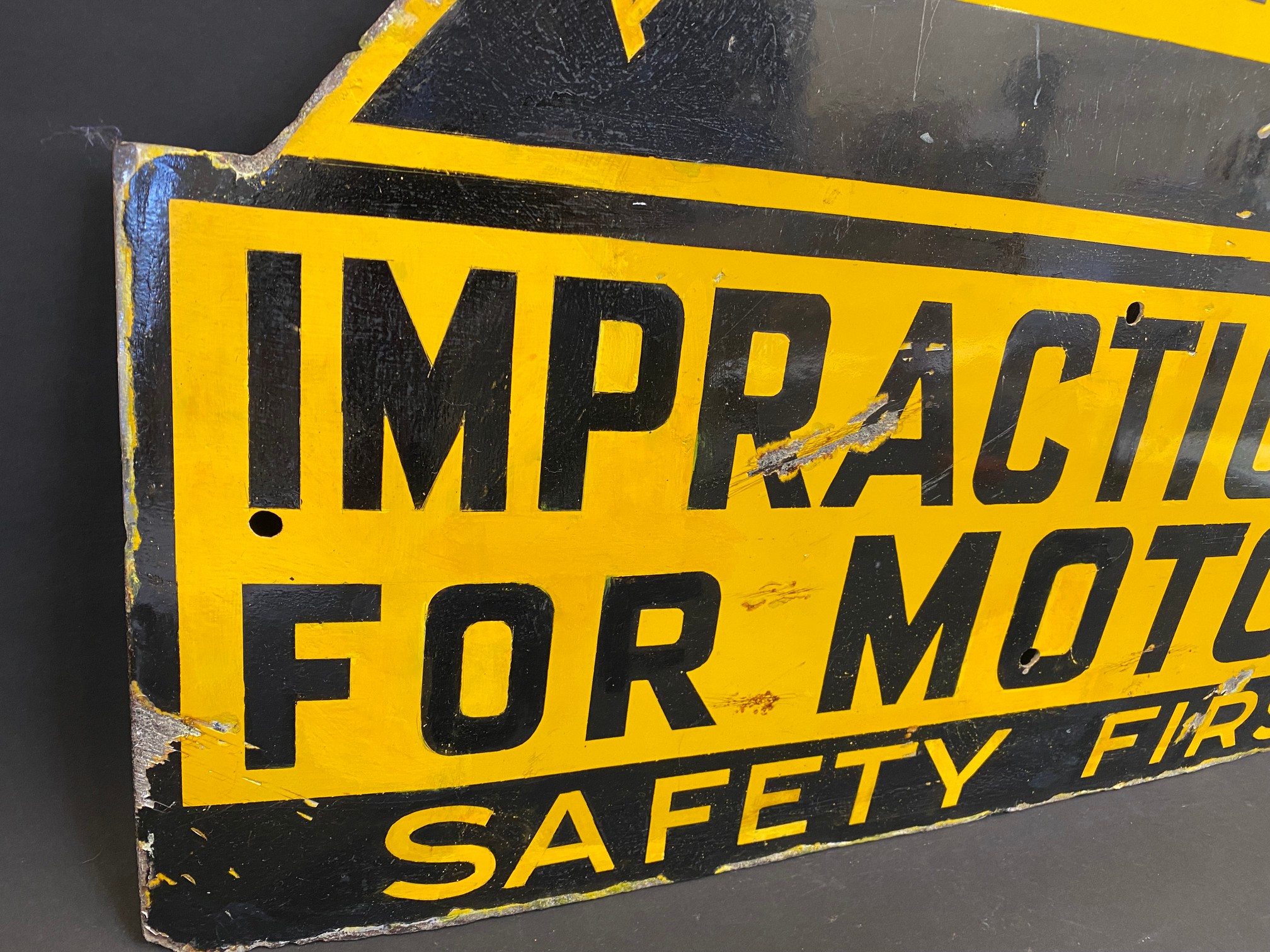 An AA 'Impracticable For Motors' Safety First enamel sign, with some restoration, 26 x 24". - Image 4 of 6