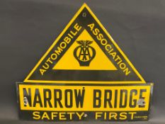 An AA Safety First enamel road sign for 'Narrow Bridge' by Franco, excellent condition and gloss, 26