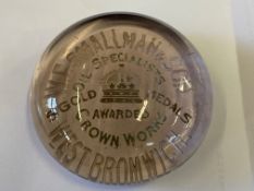 A W.F. Smallman & Son Oil Specialists of West Bromwich glass paperweight.