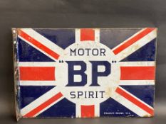 A BP Motor Spirit 'Union Jack' double sided enamel sign with hanging flange by Franco, 24 x 16".