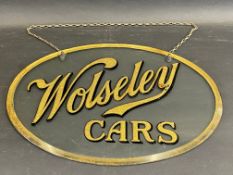 A rare Wolseley Cars oval bevelled glass and gold leaf garage showroom advertising sign on hanging