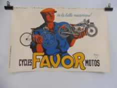 An early, believed original French advertising poster for Favor Cycles and Motorcycles, 23 1/2 x