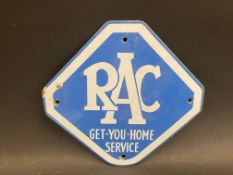An RAC Get-You-Home Service lozenge shaped enamel sign, 10 1/2 x 10".