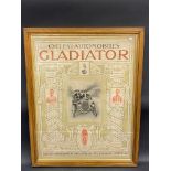 A framed and glazed early 20th Century pictorial advertisement for Gladiator cycles and