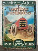 A large 'British Dominions' 'Empire Motor Policy' pictorial enamel sign depicting a race car