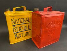 A National Benzole Mixture two gallon petrol can and a Shellmex two gallon can.