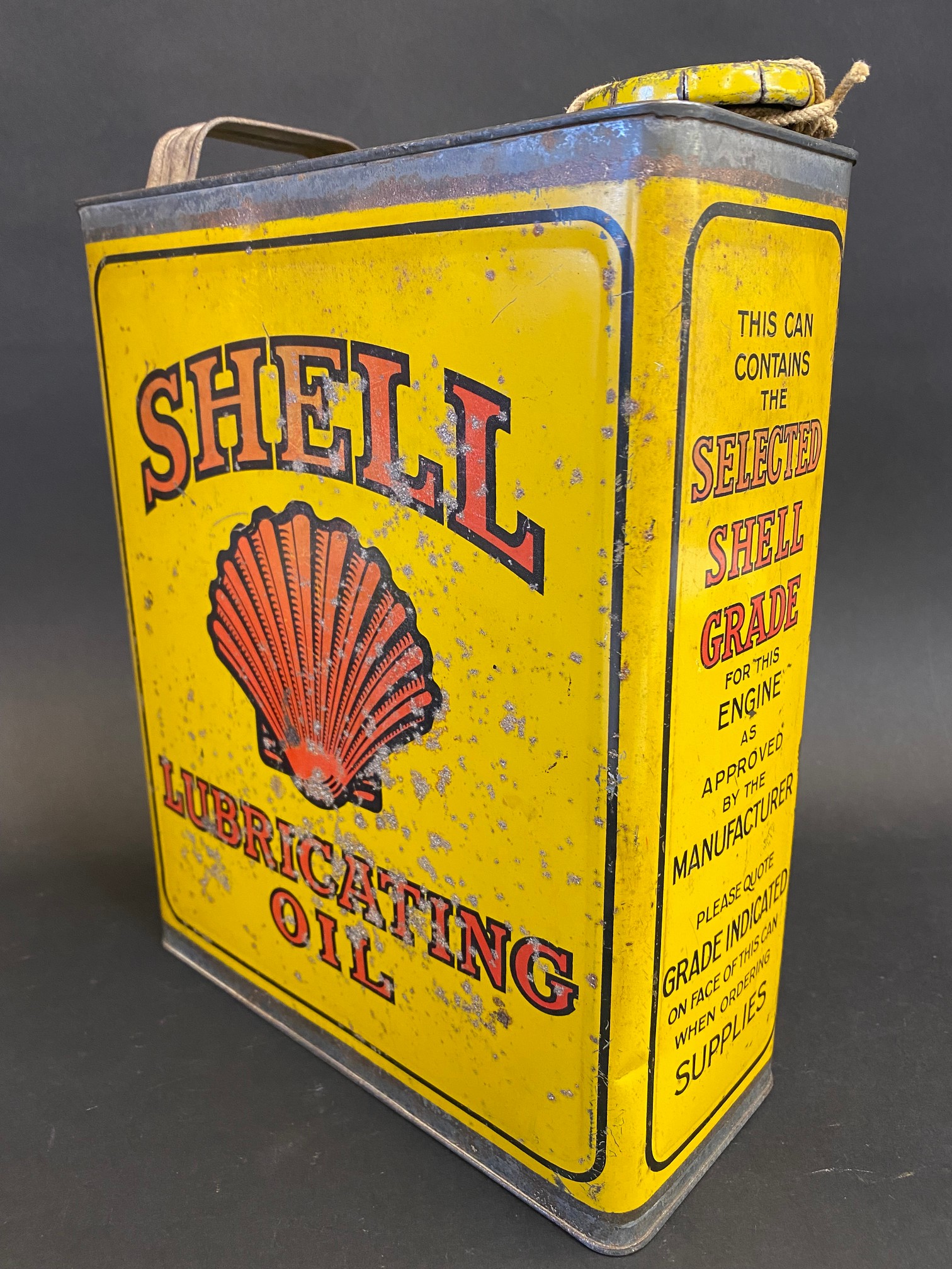 A Shell Lubricating Oil rectangular gallon can with original cap.