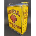 A Shell Lubricating Oil rectangular gallon can with original cap.