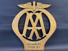 A rare large scale AA Members Policies bronze die-cut emblem sign, 24 x 27".