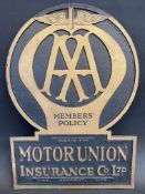 An AA Members' Policy Motor Union Insurance Co. Ltd. thick cardboard showcard, 12 x 17".