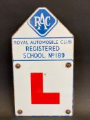 An RAC Registered School enamel 'L' plate, in excellent condition, 7 1/4 x 13 1/4".